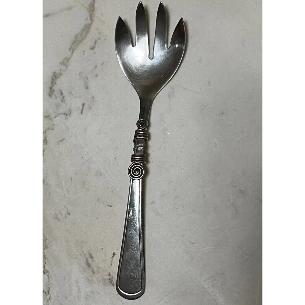 Serving Fork Stainless Steel Flatware Utensil 4 Prong Scroll Wrap Metal Rustic